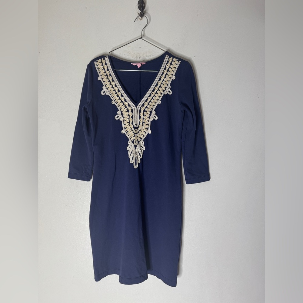 Lilly Pulitzer Navy Blue Embroidered White/gold 3/4 Sleeve Shift Dress Size S